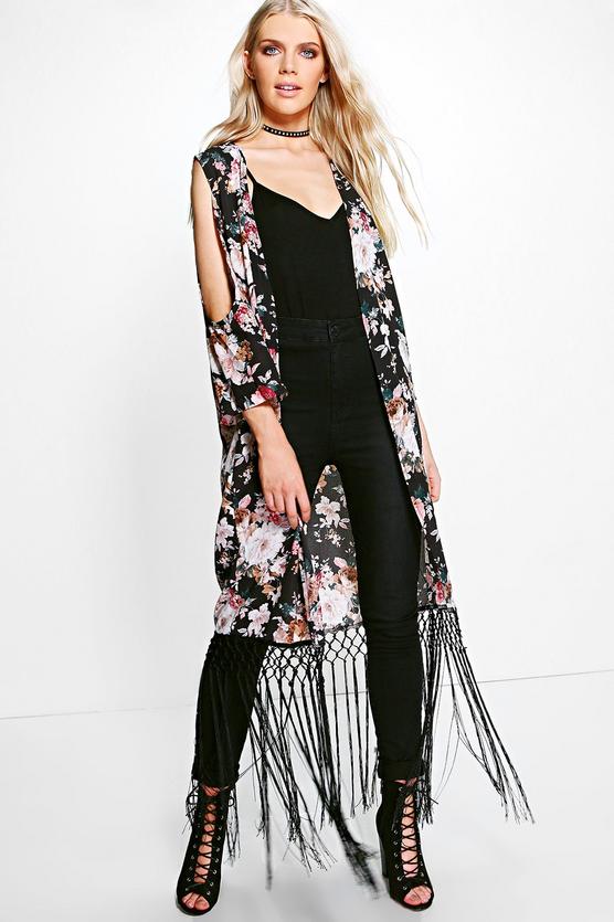 Jessica Floral Cold Shoulder Tassel Kimono